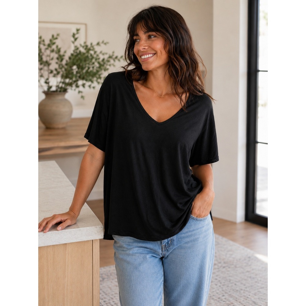 Chicos The Ultimate Tee Black V-Neck Short Sleeve Slub Cotton Modal Top Size XL